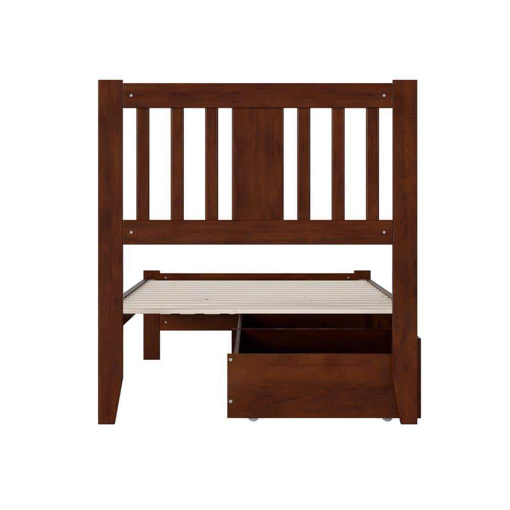 Walnut Wood Twin XL Bed with Headboard and 2 Drawers