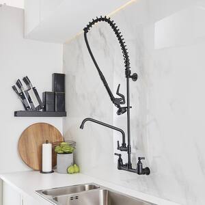 Commercial Restaurant Wall Mount Double Handle Pull Down Sprayer Kitchen Faucet Pre-Rinse Utility in Matte Black