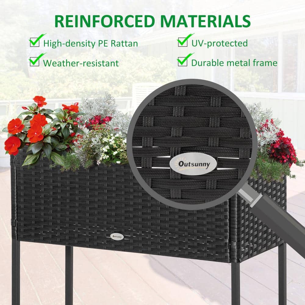 Black Rectangular Rattan Wicker Elevated Garden Bed with Tool Shelf