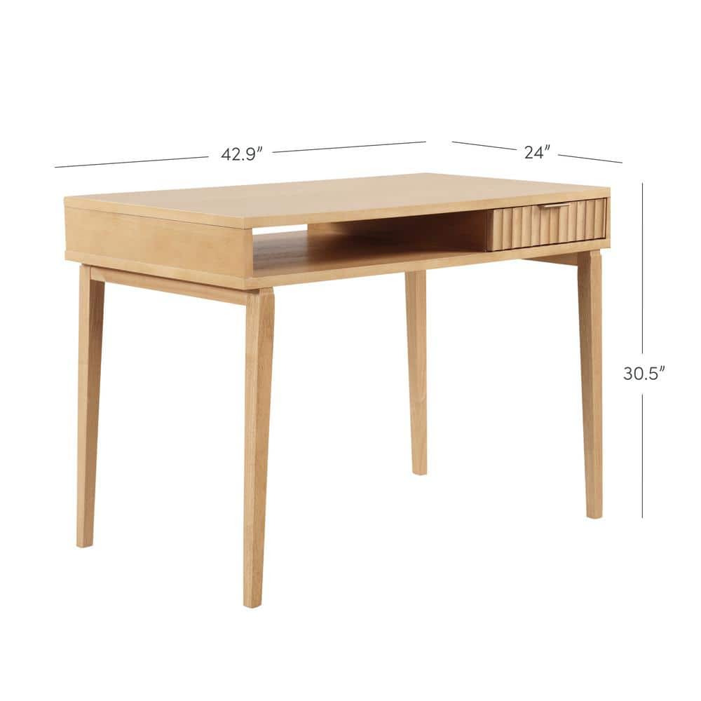 Natural Brown Wood Writing Desk with Drawer and Open Cubby