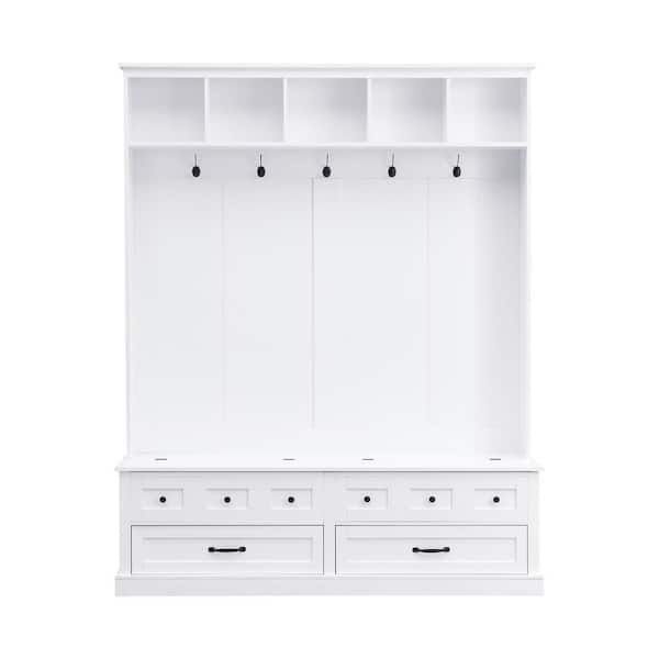 Retro White 74 in. H Hall Tree with 5 Hooks, Versatile Entryway Lift Top Storage Bench with 2 Drawers