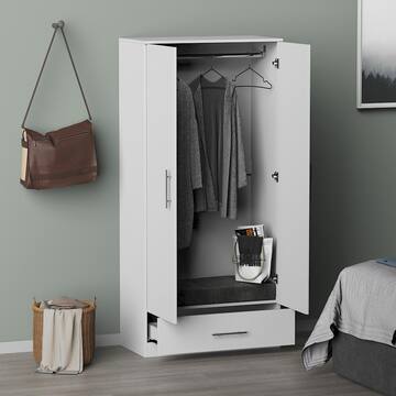 White 2-Door Wardrobe Armoire with 1-Drawers and Hanging Rod 66.9 in. H x 31.5 in. W x 18.9 in. D