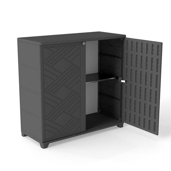 75 Gal. Outdoor Storage 34.3 in. x 15 in. x 34 in. Black Resin Deck Box with 1-Shelf for Garden, Patios, Indoor
