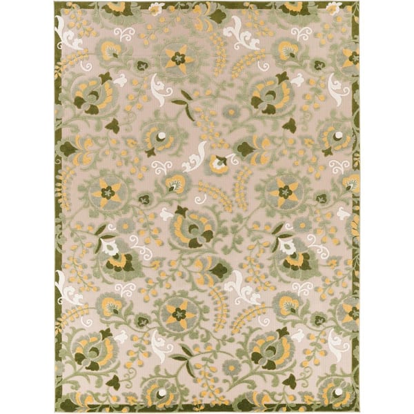 Aloha Ivory Green 8 ft. x 11 ft. Floral Contemporary Indoor/Outdoor Area Rug