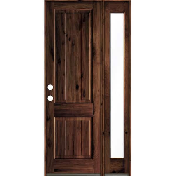 Krosswood Doors 46 in. x 96 in. Knotty Alder Square Top Right-Hand/Inswing Glass Red Mahogany Stain Wood Prehung Front Door with RFSL