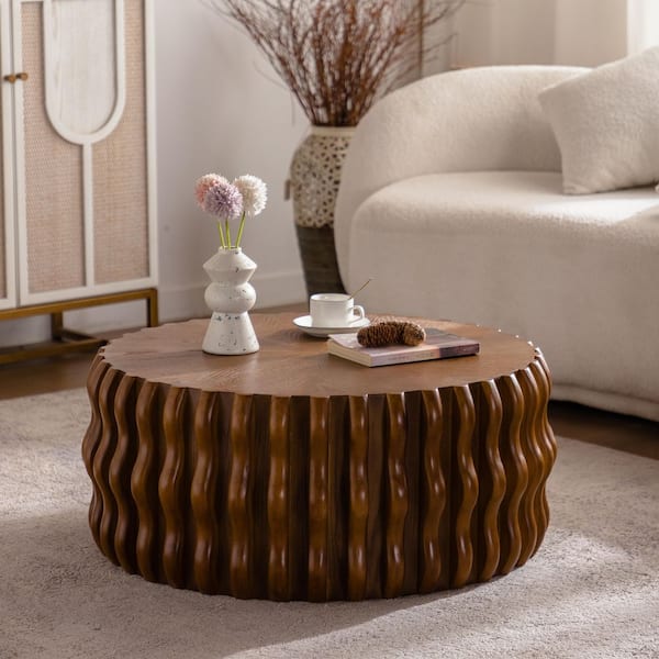Cole 31.50 in. Walnut Round MDF Solid Wood Drum Fluted Coffee Table with Sturdy Pedestal
