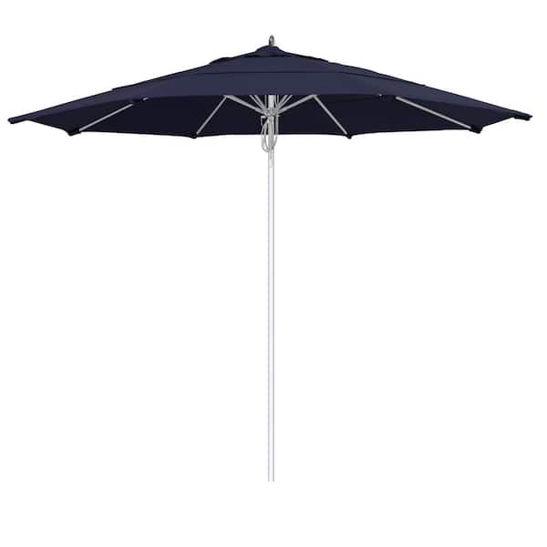 California Umbrella 11 ft. Silver Aluminum Commercial Market Patio Umbrella Fiberglass Ribs and Pulley lift in Navy Sunbrella