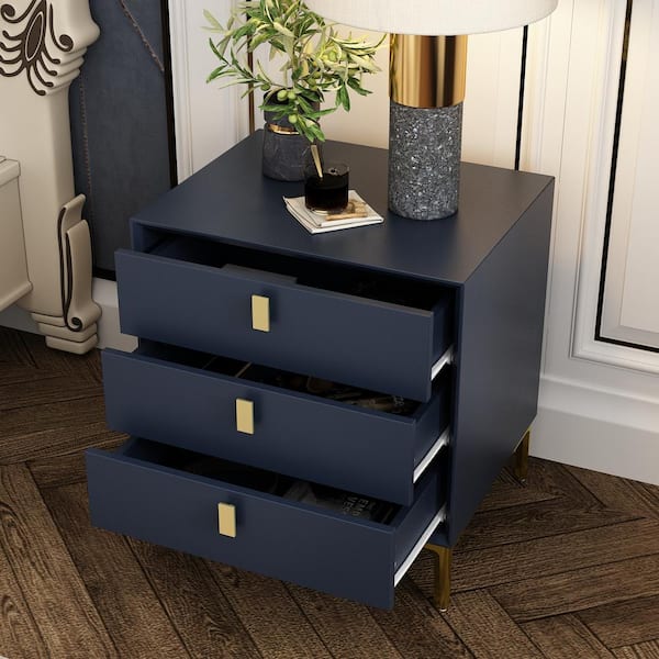 19.6 in. W x 21.3 in. H Blue Rectangle Wooden End Table Nightstand with 3-Drawers and Gloden Legs