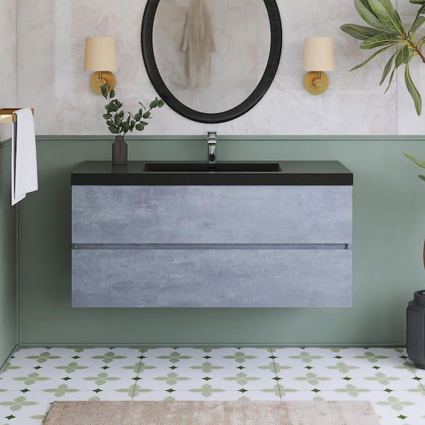 47.25 in. W x 19.7 in. D x 22.5 in. H Single Sink Wall Mounted Bath Vanity in Grey with Black Quartz Sand Top