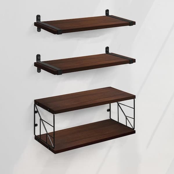 Cubilan 16.5 in. W x 6 in. D Decorative Wall Shelf, Rustic Brown Floating Shelves for Wall Rustic with Toilet Paper Wire Basket