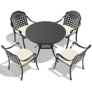 Isabella Black 5-Piece Cast Aluminum Outdoor Dining Set with 39.37 in. Round Table and Random Color Seat Cushions