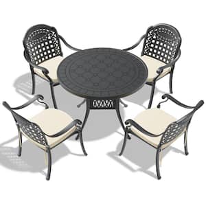 Isabella Black 5-Piece Cast Aluminum Outdoor Dining Set with Round Table and Dining Chairs and Random Color Seat Cushion