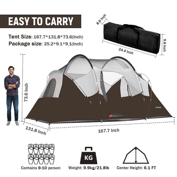 Unbranded Brown 10-Person Camping Tent Portable Easy Set Up Family Tent for Camp, Windproof Fabric Dome Tent Outdoor