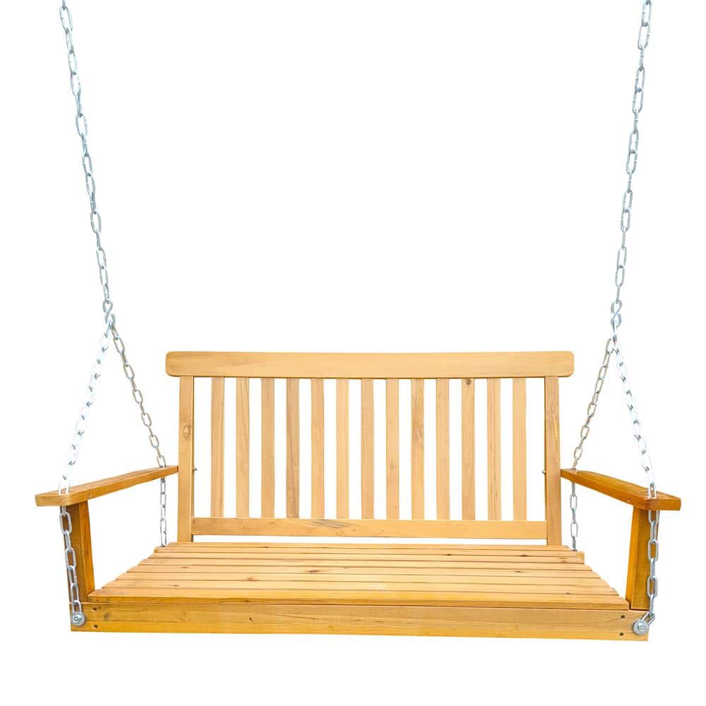 46.46in 2 Persons Teak Color Wood Outdoor Porch Swing with Armrests and Han