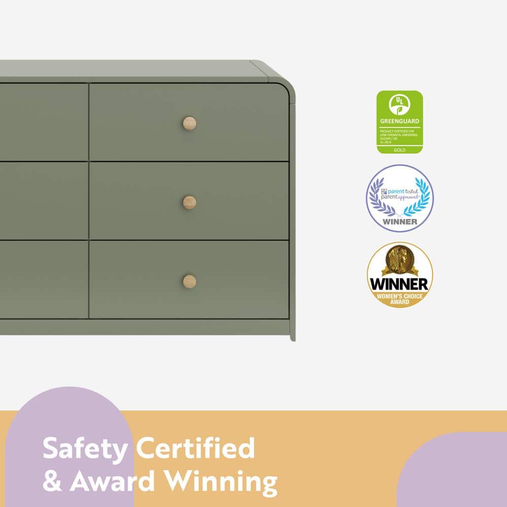 Olive Green 6-Drawer Nursery Dresser with Natural Rubberwood Knobs