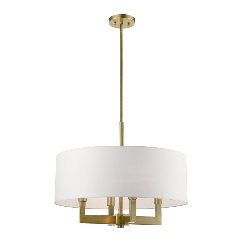 Antique Brass Cresthaven 4-Light Chandelier with Off-White Shade