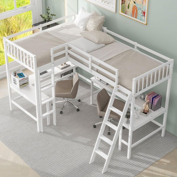 White Twin Size L-Shaped Loft Bed with Ladder and 2 Desks