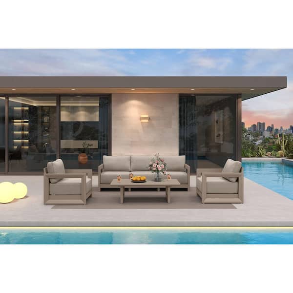 6 Pieces Patio Conversation Sets All Weather Outdoor Couch Sectional Set with Cushion Conversation Set Khaki