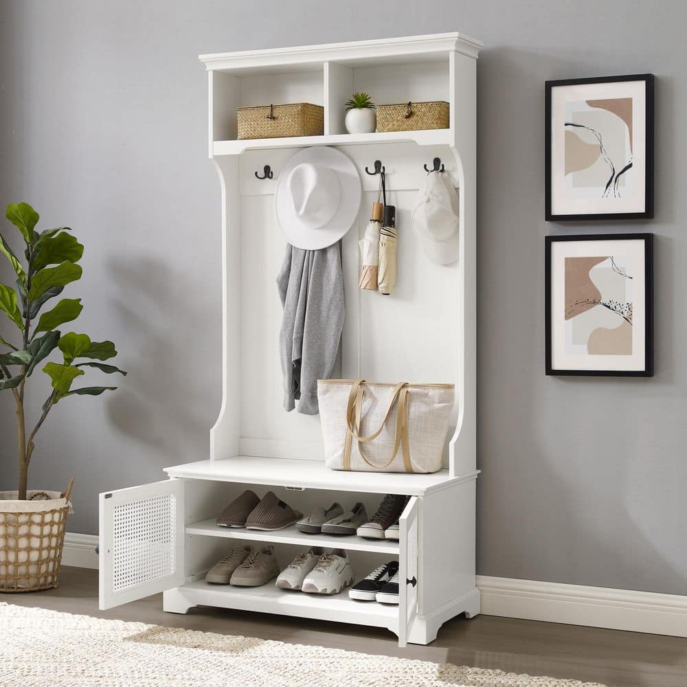 White Hall Tree with Wicker Caning and Storage