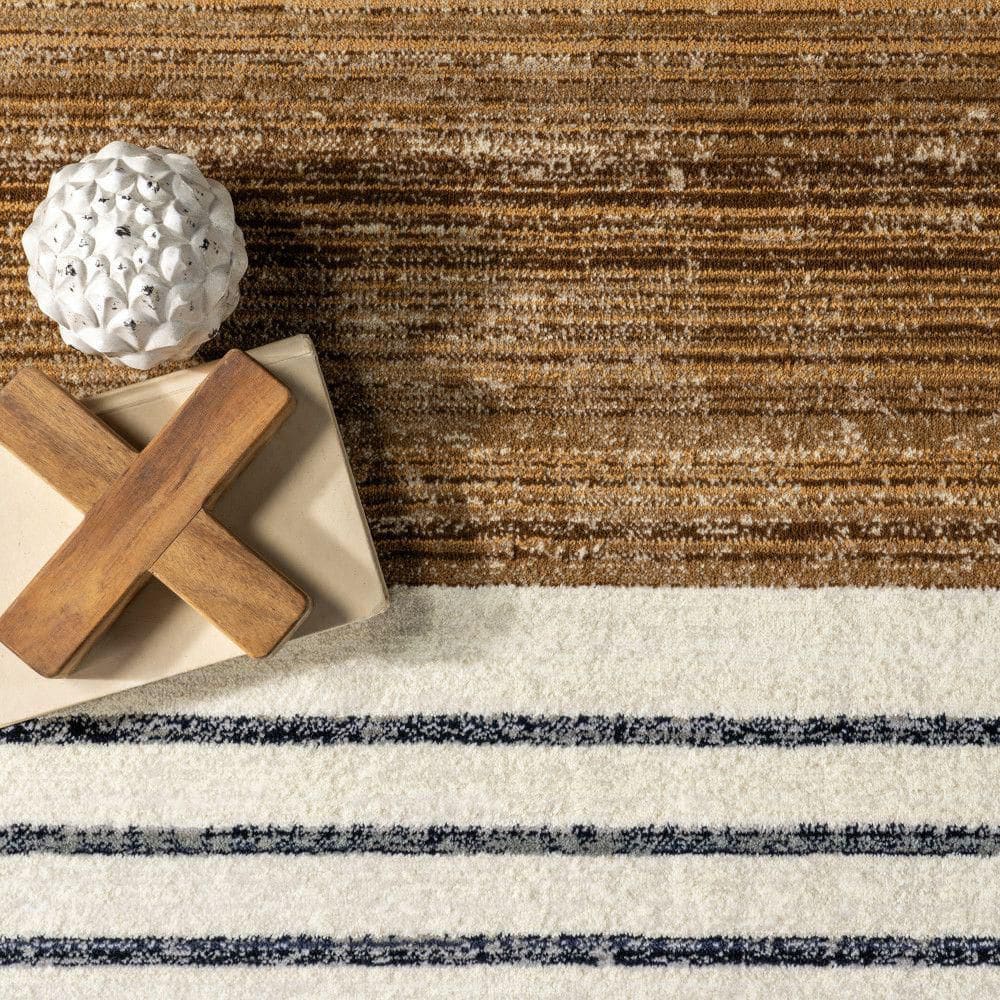 Keeva Modern Striped Fringe Beige and Black Synthetic Area Rug 8' x 10'