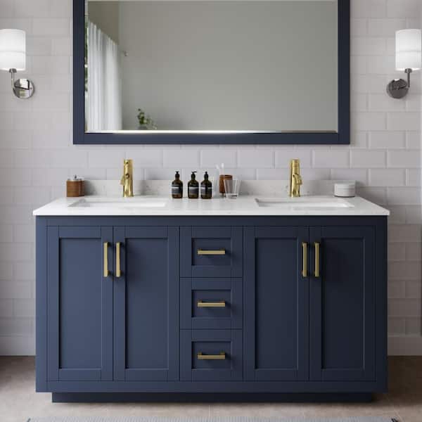 Wyndham Collection Miranda 60 in. W Double Bath Vanity in Dark Blue w/Cultured Marble Vanity Top in LV Carrara with White Basins and Mirror