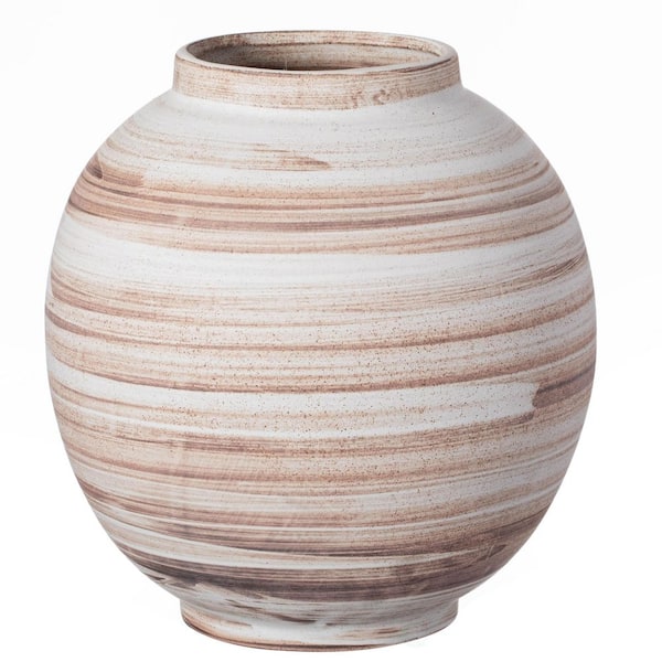 8 in. high Round Ceramic Stripe Vase Boho Decorative Piece for Pampas Grass, Ideal for Living Room Decor, White