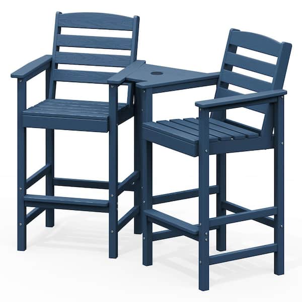 JEAREY Navy Modern HDPE Plastic Adirondack Chairs, Outdoor Bar Stools with Connecting Tray (Set of 2)