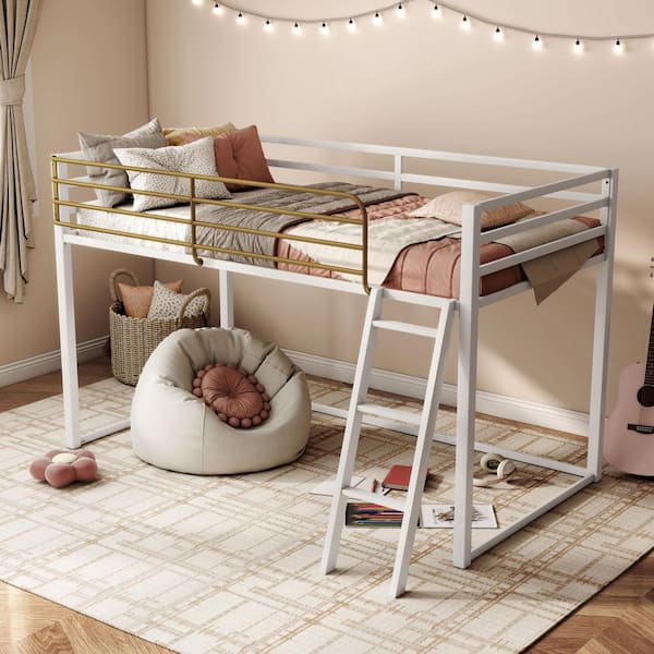 Roman White Twin Metal Low Profile Loft Bed with Gold Accent