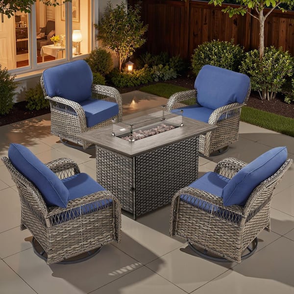 Tyber Gray 5-Piece Wicker Patio Fire Pit Conversation Furniture Set with 5 in. Blue Cushions Outdoor Swivel Chairs