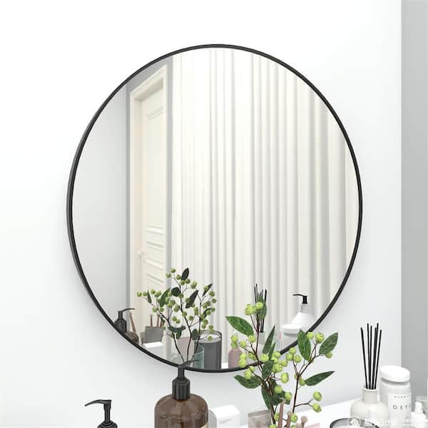 28 in. W x 28 in. H Round Framed Wall Mount Bathroom Vanity Mirror in Black