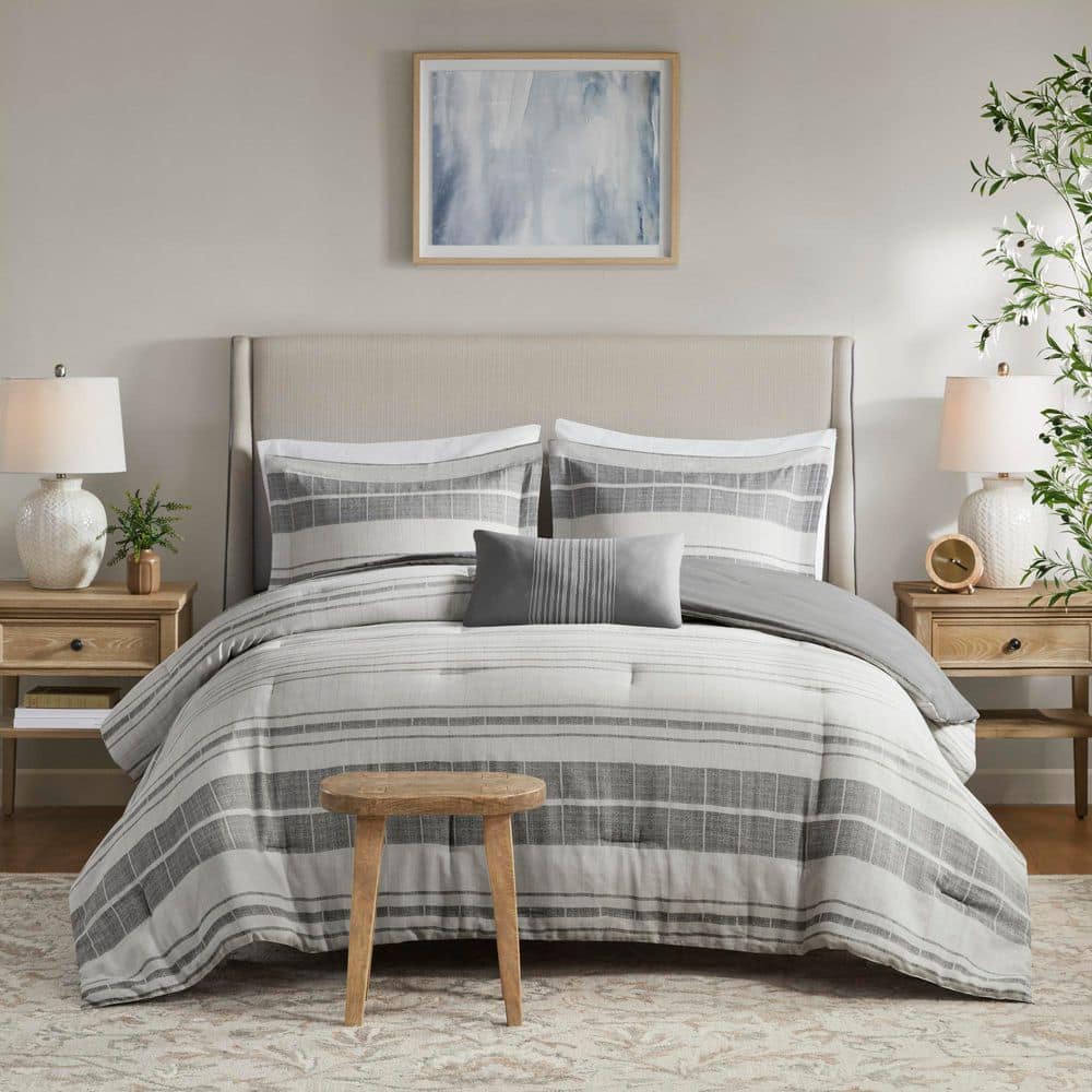 Full Gray Microfiber Striped Comforter Set with Throw Pillow