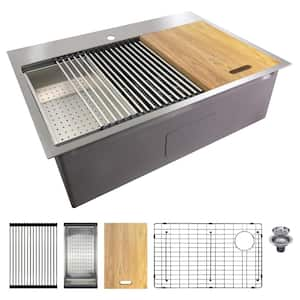 Workstation 30 in. Drop-in Single Bowl Stainless Steel 1-Hole Kitchen Sink with Accessories