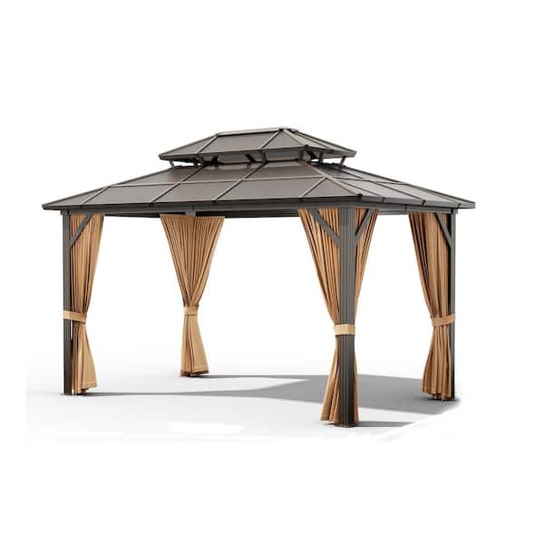 13 ft. x 10 ft. Polycarbonate Double Roof Hardtop Gazebo for Patio with Brown Curtains and Netting