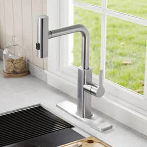 Waterfall 3-Mode Single Handle Pull Down Sprayer Kitchen Faucet with Advanced Spray, Deckplate in Brushed Nickel