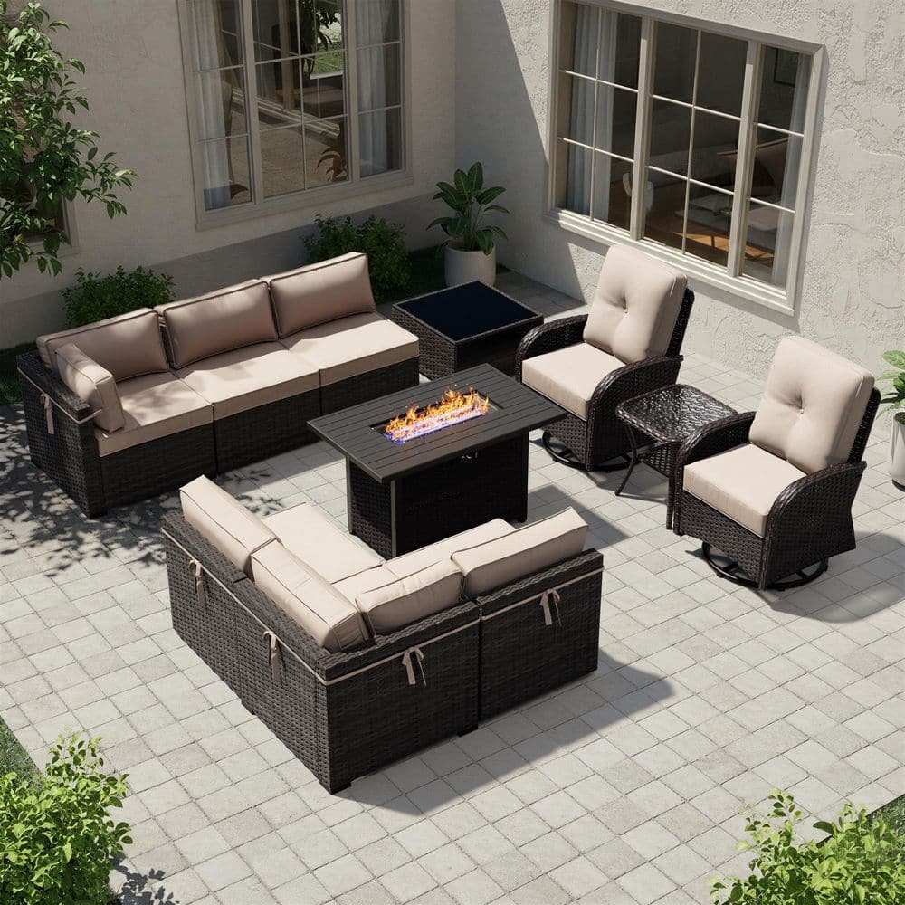 11-Piece Wicker Patio Fire Pit Table Conversation Sofa Set with Beige Cushions and Swivel Rocking Chairs price history on PriceWatchPro