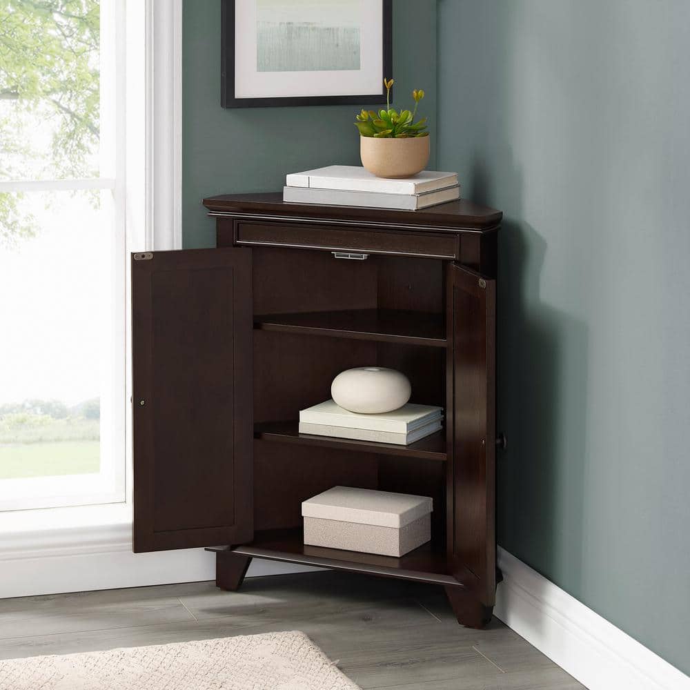 Espresso Birch Corner Bathroom Cabinet with Adjustable Shelves