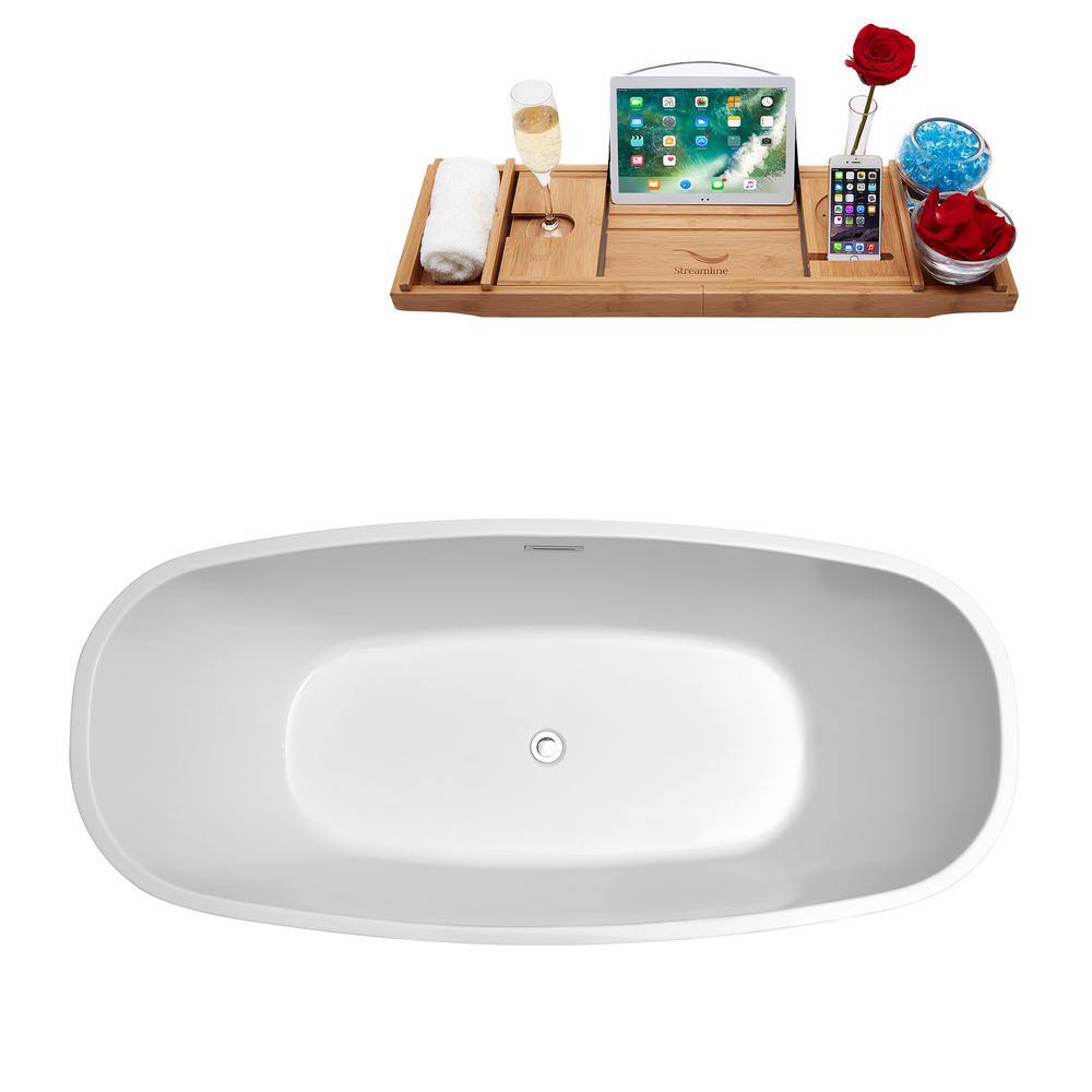 59'' White Glossy Acrylic Freestanding Soaking Tub with Chrome Drain