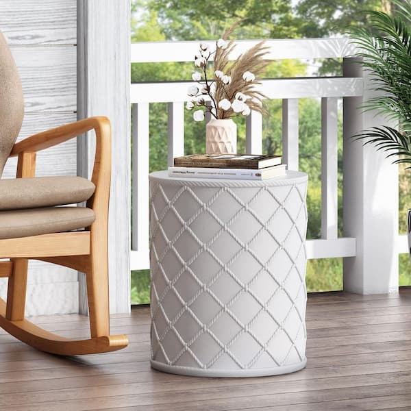 Harper & Bright Designs Antique White Round Lightweight Concrete Outdoor Side Table with Cylindrical Design and Nautical Rope Pattern