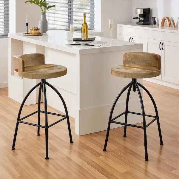 Pia 28.5 in. H Brown and Black Low Back Metal Bar Stool with Wood Seat Set of 2 and Adjustable Swivel Seat