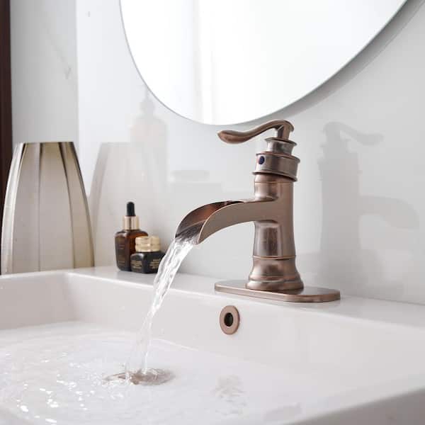Waterfall Single Hole Single-Handle Low-Arc Bathroom Faucet With Pop-up Drain Assembly in Copper