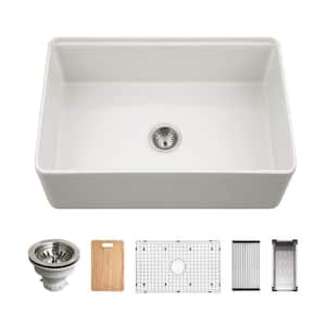 Aspire 30 in Matte White Fireclay Farmhouse Apron Front Single Bowl Workstation Sink w/Accessories PTW-3020S MWH