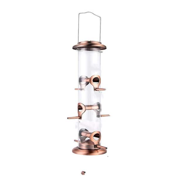 Brushed Copper Metal Hanging Bird Seed Feeder with 14 in. 6-Port for Wild Birds