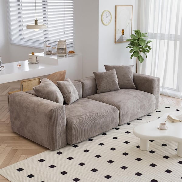 102.36 in. Wide Square Arm Corduroy Deep Seat Modula Sofa Couch with Removable Cover in Brown E-C126BR-SF2