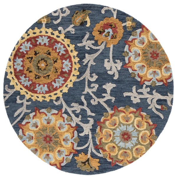 SAFAVIEH Blossom Navy/Multi 6 ft. x 6 ft. Bohemian Floral Round Area Rug