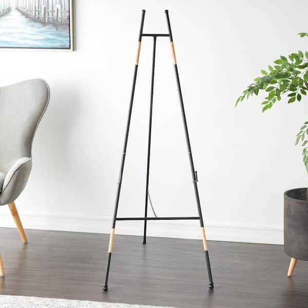Black Metal Slim Foldable 2-Tier Easel with Wrapped Rattan Accents
