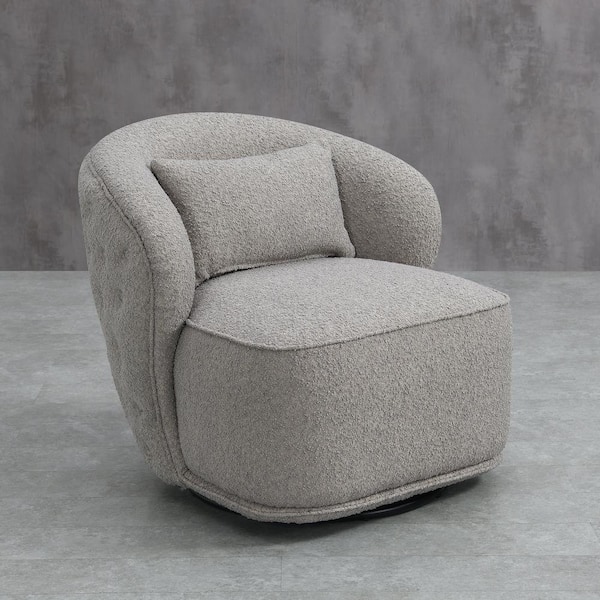 KINWELL Light Gray Boucle Upholstered Tufted Back Swivel Barrel Chair