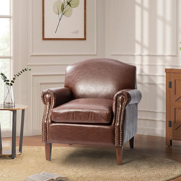 JAYDEN CREATION Gianluigi Brown Faux Leather Arm Chair with Nailhead Trim (Set of 1)
