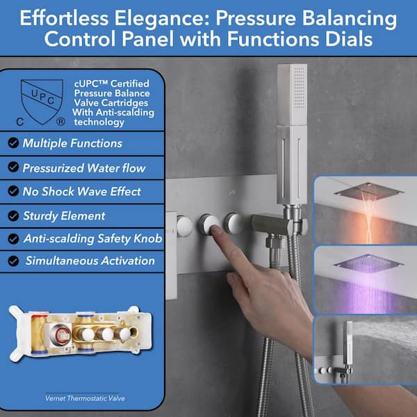 Luxury Single Handle 2-Spray Shower Faucet 1.8 GPM with 16 in. LED Square Rainfall Shower Head in Brushed Nickel