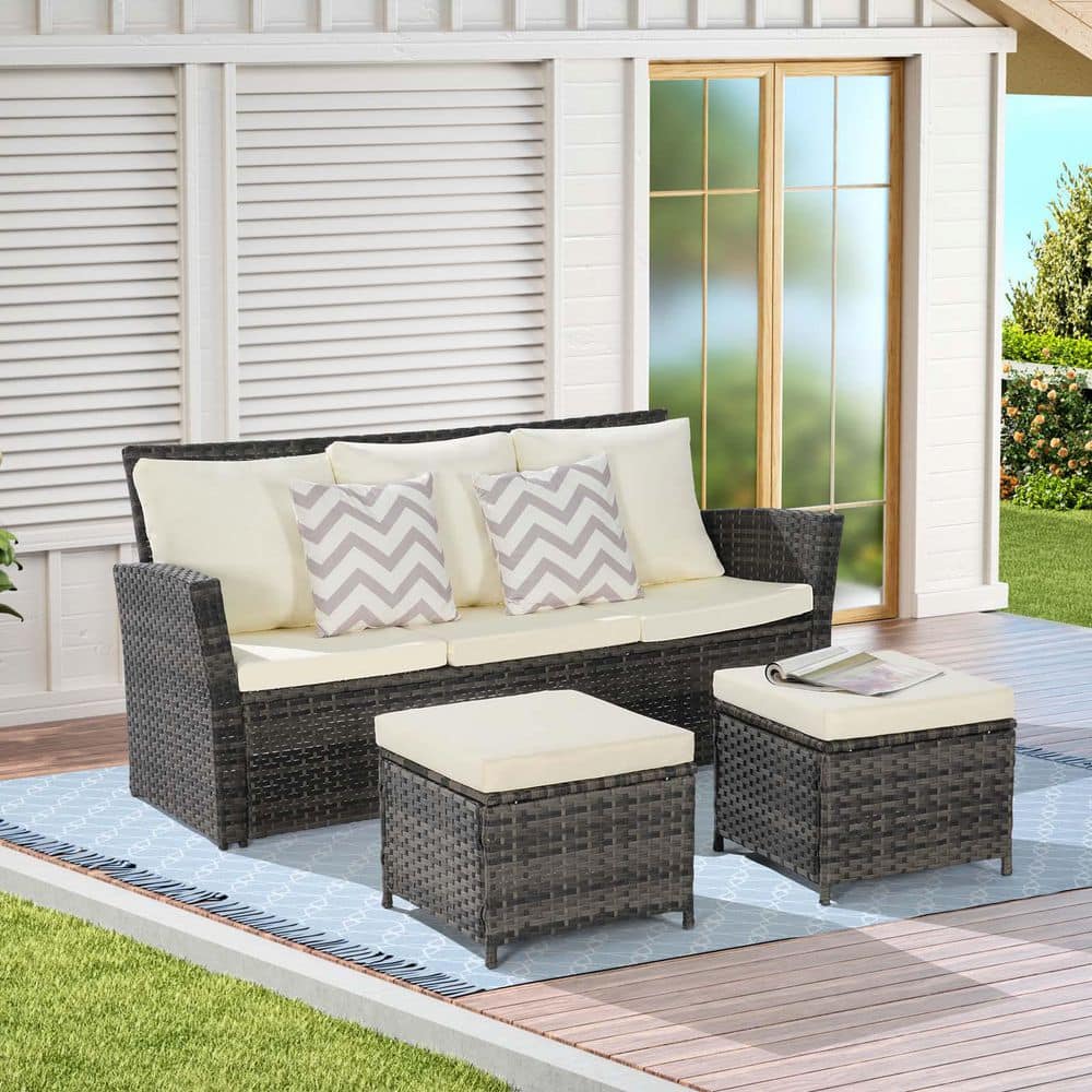 3 Pieces Modern Outdoor Rattan Conversation Set Sectional Sofa Set, 1 Bench