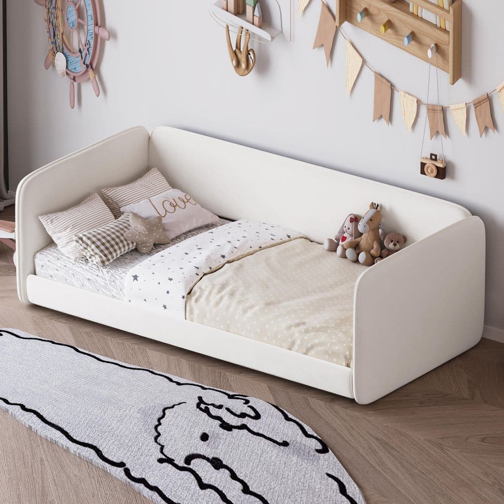 Beige Wood Frame Twin Size Velvet Upholstered Platform Bed with Protective Side Rails and Low Profile Montessori Design